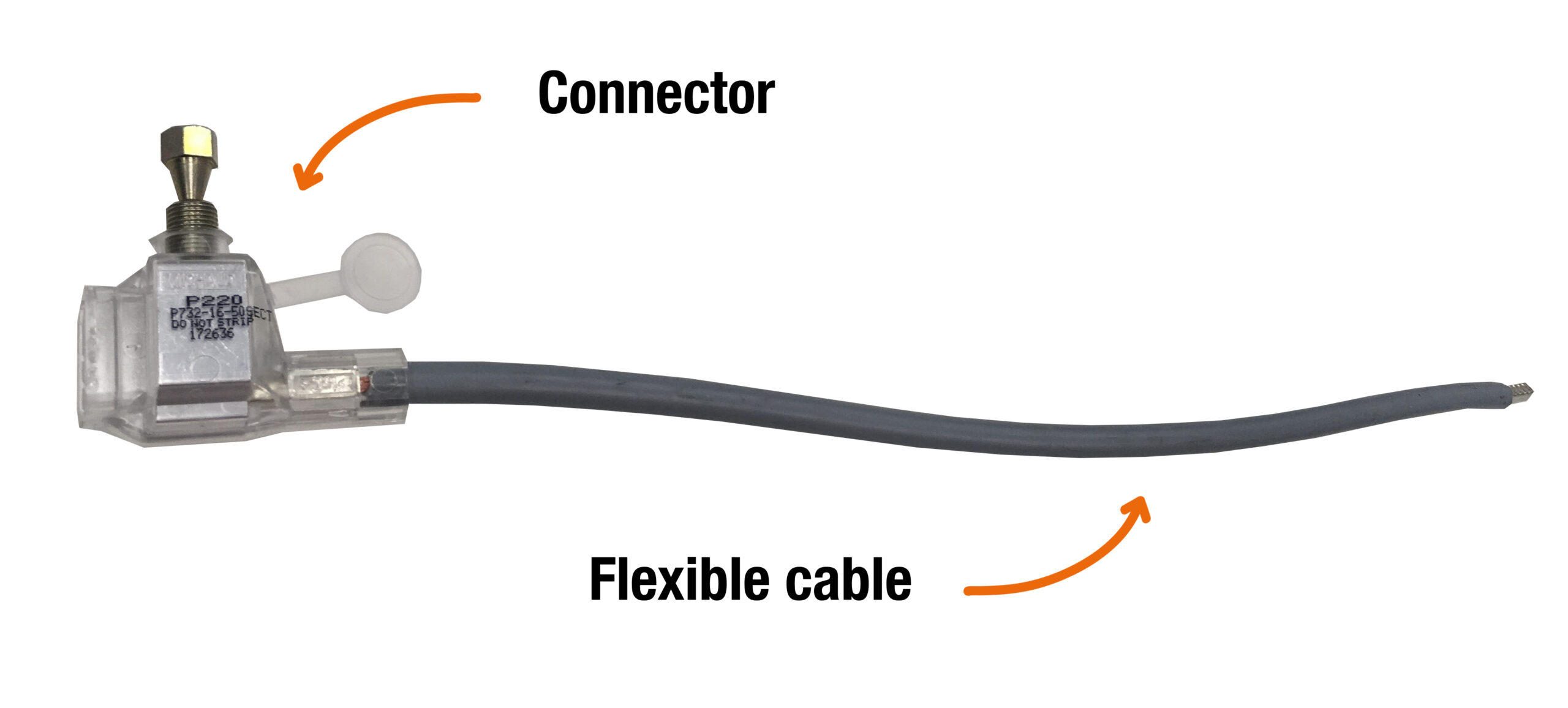 The drawing shows the connector part and the flexible cable part of an EBCP, used for the connection to the electrical network.